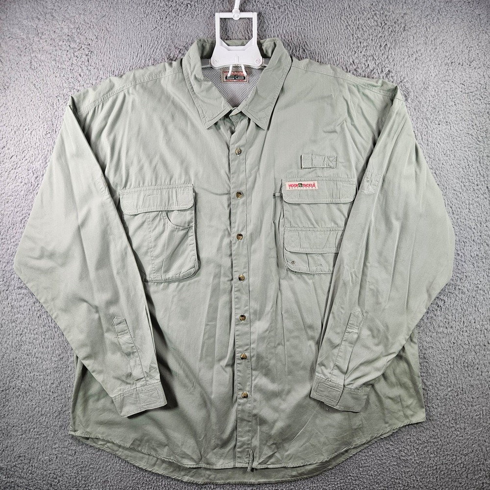 HOOK & TACKLE Outfitters Mens 2XL Long Sleeve Fishing Shirt Pockets Vented‎ Flaw